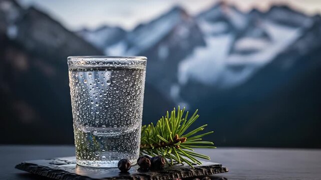 A shot of cold traditional slovak borovicka gin liqueur with fresh juniper berries, served in the beautiful and snowy tatra mountains.