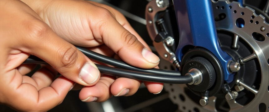 Close up Hands adjusting bicycle brake cable with focus on maintenance and repair