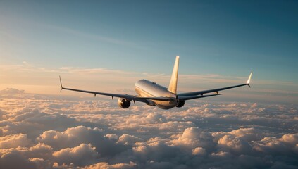 Obraz premium Commercial airplane jetliner soaring through bright clouds, travel perspective, business journey theme