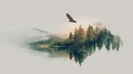 Minimalistic nature landscape with inverted forest reflection and flying eagle.