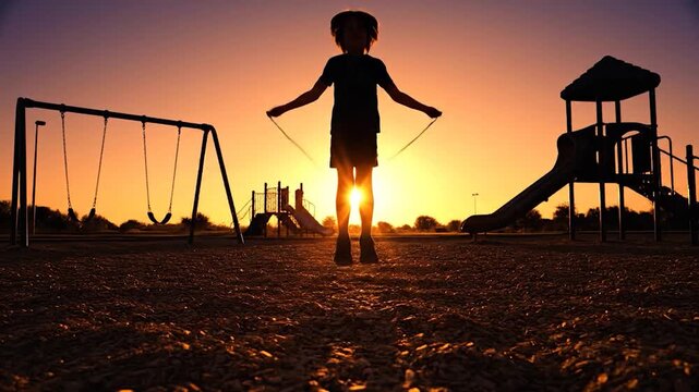 Child jumping rope at sunset in playground silhouette golden hour