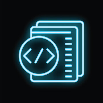 Glowing blue neon icon of a programming code file, symbolizing software development and coding expertise