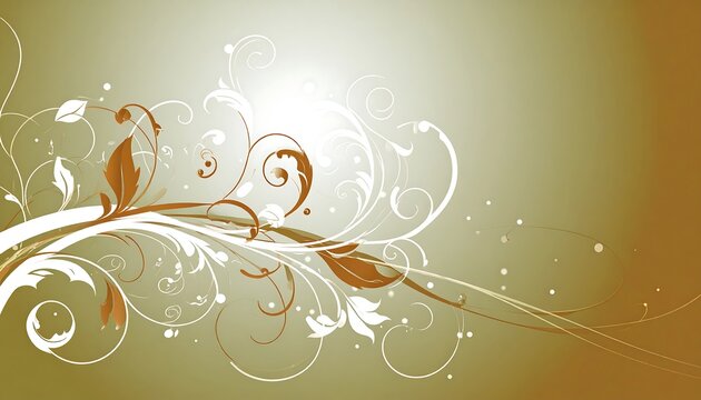 Floral, flowing design on gradient background. Elegant white & brown swirls create organic movement. Delicate details include leaves and light bursts
