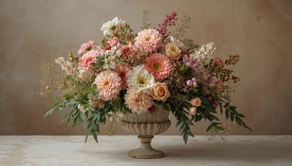 Vibrant bouquet of flowers arranged in a still life composition, ideal for editorial backdrop