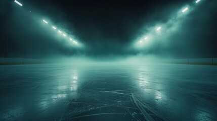 A foggy ice rink illuminated by overhead lights, creating a mysterious and atmospheric scene suitable for winter sports.