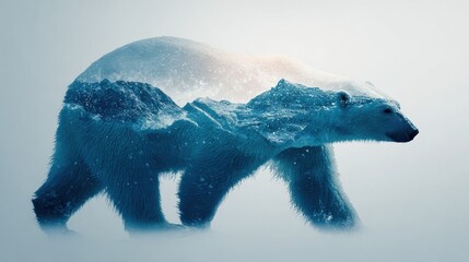 Powerful double exposure image of a polar bear with snowy, frozen mountains.