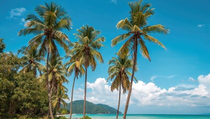 Obraz premium Tropical island scene featuring iconic coconut trees under a bright blue sky, created with AI technology
