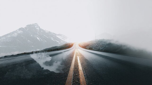 Ethereal mountain road journey blending with foggy peaks and sunrise glow.