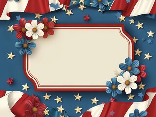 Patriotic Celebration Frame with Flowers Stars and Stripes for 4th of July or Memorial Day Flat Lay