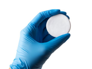 A gloved hand holding a sterile medical pad, representing hygiene, safety, and healthcare professionalism in clinical or surgical environments.