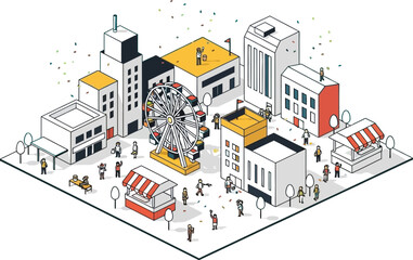 Isometric city with buildings, ferris wheel and people on blue background
