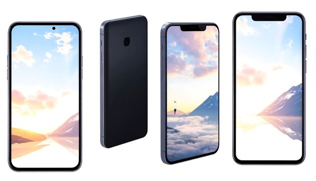 Four modern smartphones showcasing a mountain landscape wallpaper and the devices' front, back, and angled views