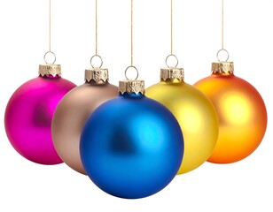 Five spherical ornaments in various hues dangle, suspended by golden strings against a stark white backdrop, conveying festive cheer