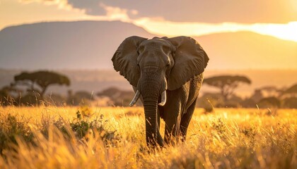 An majestic elephant walks through the golden savanna towards the camera under the warm sunset light.