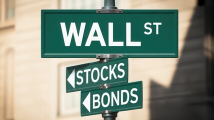 Wall street street sign post for finance. The sign post with stock and bonds direction in finance area