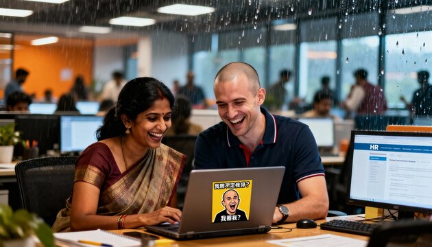 Diverse Colleagues Laugh Amidst Office Disaster Simulated Rain Falling on Desks During Computer Collaboration