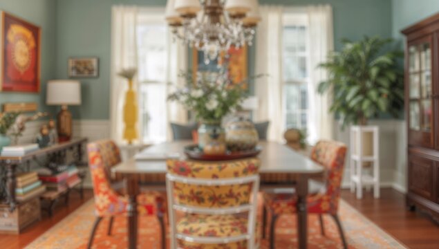Blurred view of an eclectic dining area with bright colors and distinctive decor, fostering a lively ambiance for social gatherings