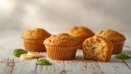Freshly baked banana muffins on a wooden table, fiber-dense choice