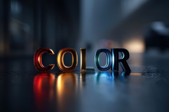 Colorful 3D text sculpture made of tiny photos, vibrant mosaic word 'color' against blue background - Powered by Adobe