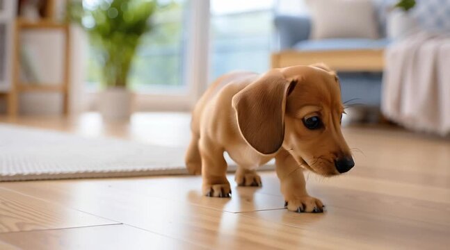 Adorable Puppy on a Sunny Day: A charming miniature dachshund puppy explores a sun-drenched, well-lit indoor space, its curious gaze capturing hearts with its endearing cuteness.