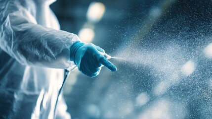 decontamination. A white hazmat suit being sprayed with mist in a clean room. safety posters, maintenance manuals, designed for precision metalworking and fabrication facilities.