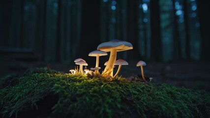 Illuminated fungi growing on moss-covered forest floor, with a dark blurred backdrop of trees - Powered by Adobe