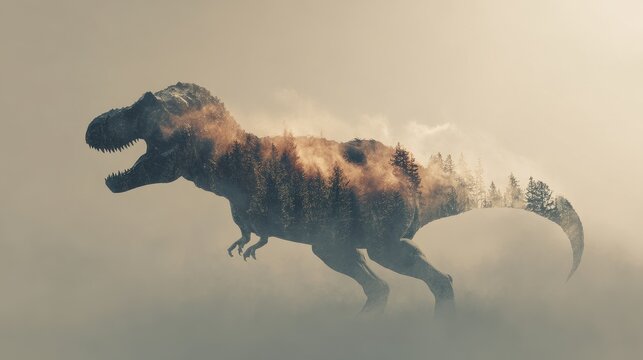 Majestic Double Exposure Tyrannosaurus Rex Silhouette with Golden Forest