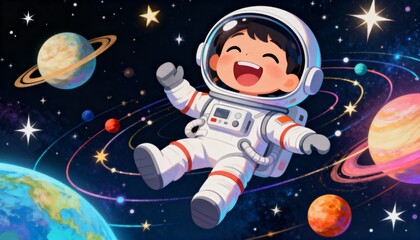 Smiling Little Astronaut Exploring Space Child in Spacesuit Floating Among Planets and Stars.