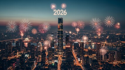 Aerial view of a city celebrating New Year with fireworks and the year 2026 displayed above