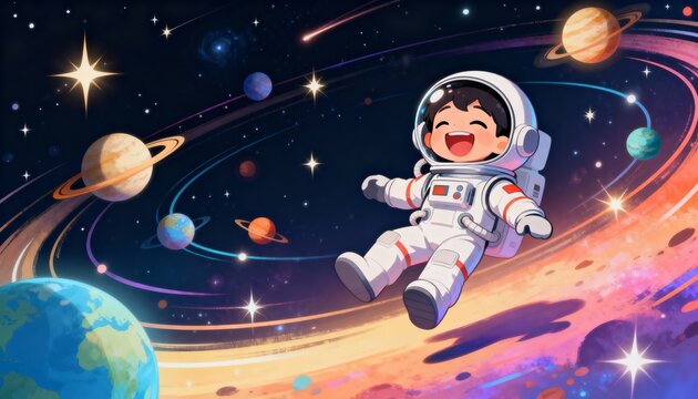 Happy Cartoon Kid Astronaut Exploring the Galaxy Among Ringed Planets and Colorful Cosmos - Powered by Adobe