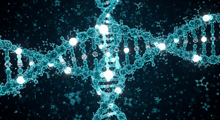 Illustration of a glowing DNA double helix structure, representing genetic code and scientific innovation
