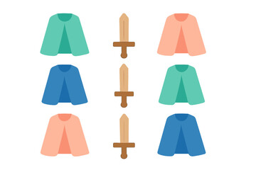 Colorful fantasy capes and wooden swords collection arranged in a grid pattern