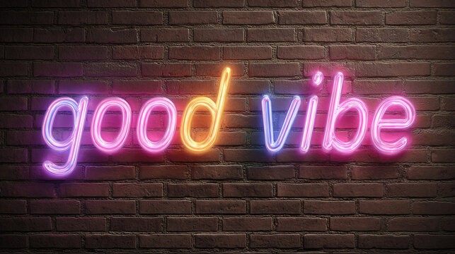 Neon sign with the words good vibe on a brick wall. The sign is illuminated in bright, colorful hues, creating an atmosphere of positivity and serenity.
