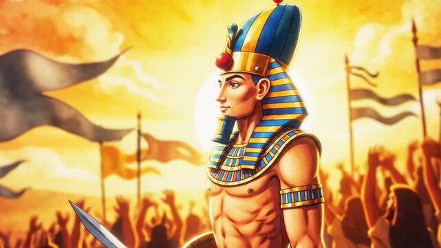 Ancient Egyptian civilization at sunrise &mdash; majestic temples, sacred river, desert cities, royal pharaoh, ancient well and oasis, golden light over army chariots, timeless empire and historical journey