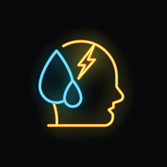 Neon sign representing headache migraine suffering with sweat and lightning bolt
