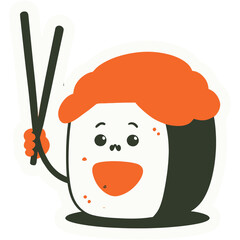 Smiling Sushi Roll with Tiny Arms Holding Chopsticks | Cute Kawaii Sushi Character Illustration | Adorable Happy Sushi Roll with Utensils | Playful Cartoon Sushi with Cheerful Expression