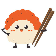 Smiling Sushi Roll with Tiny Arms Holding Chopsticks | Cute Kawaii Sushi Character Illustration | Adorable Happy Sushi Roll with Utensils | Playful Cartoon Sushi with Cheerful Expression