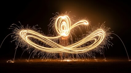 Long-exposure shot, glowing fireworks drawing looping lines against a dark backdrop