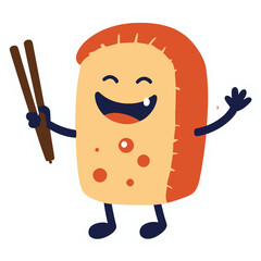 Smiling Sushi Roll with Tiny Arms Holding Chopsticks | Cute Kawaii Sushi Character Illustration | Adorable Happy Sushi Roll with Utensils | Playful Cartoon Sushi with Cheerful Expression