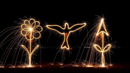 Glowing light art shapes a flower, bird, and arrow, sparks trailing across a dark background