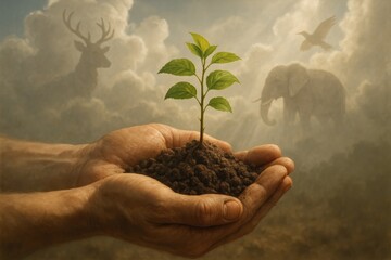Hands holding a green sapling in soil with animal silhouettes in the clouds. Environmental conservation and wildlife protection concept for International Animal Rights Day