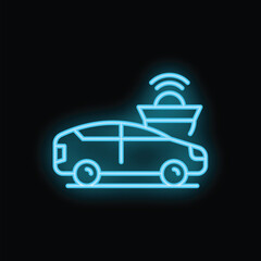 Glowing blue neon icon of a self driving car using a radar system