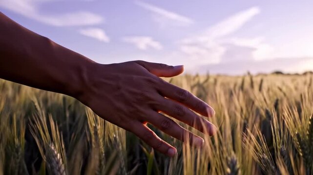 A hand gently brushes through golden wheat stalks under a soft sunset sky, capturing the essence of connection with nature in a tranquil agricultural landscape
