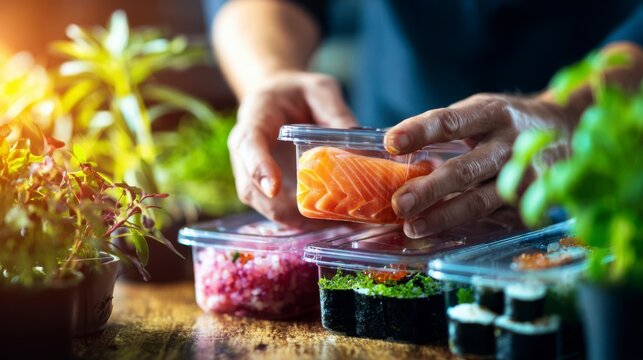 Fresh Ingredients for Culinary Perfection: A Chef Prepares Sushi with Vibrant Vegetables and Delicious Salmon in a Well-Organized Kitchen Space