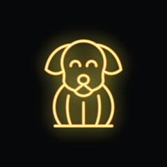 Yellow neon sign of a cute puppy sitting down, with a happy expression on its face, on a black background