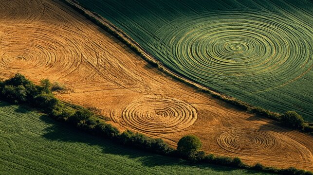 Aerial view of a patchwork landscape. Fields of varying colors, some with elaborate circular patterns and textures, are visible - Powered by Adobe