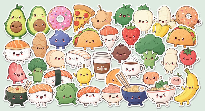 Delightful food characters create a vibrant culinary world! Perfect for playful designs, menus, and educational content with a touch of whimsy.