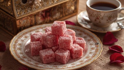 Double roasted rose Turkish delight, a confection with refined sugar load