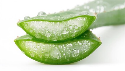Sliced aloe Vera leaves adorned with water droplets on a white backdrop