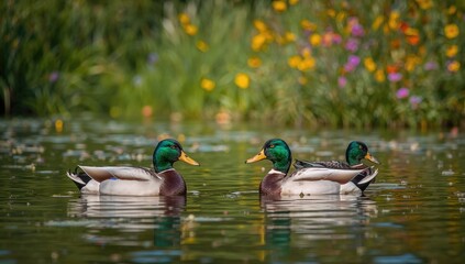 Obraz premium Serene mallard ducks in a summer setting, showcasing tranquility in nature